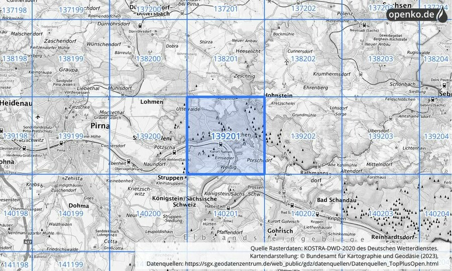 Übersichtskarte des KOSTRA-DWD-2020-Rasterfeldes Nr. 139201