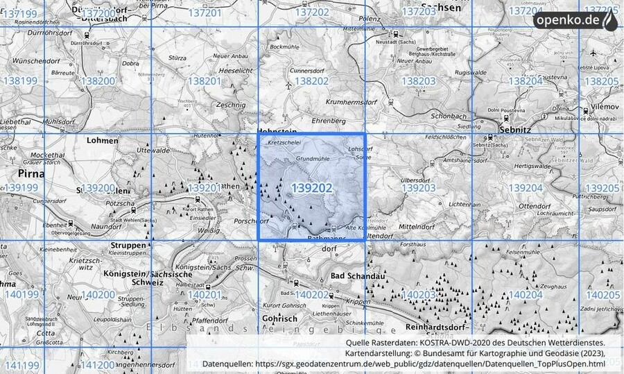 Übersichtskarte des KOSTRA-DWD-2020-Rasterfeldes Nr. 139202