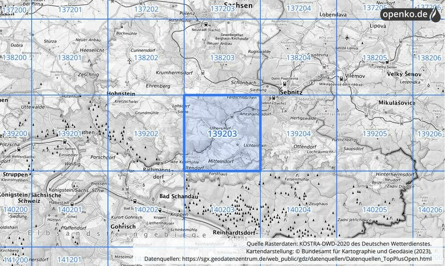 Übersichtskarte des KOSTRA-DWD-2020-Rasterfeldes Nr. 139203