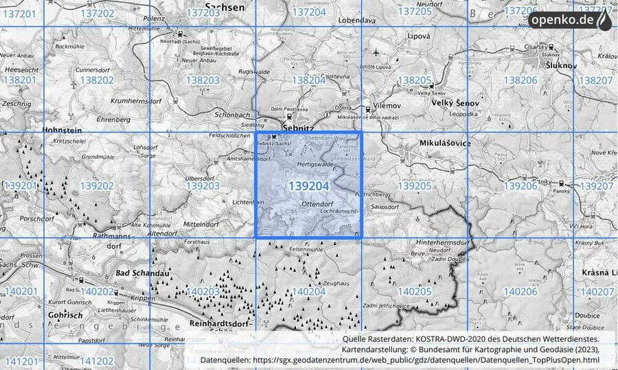 Übersichtskarte des KOSTRA-DWD-2020-Rasterfeldes Nr. 139204