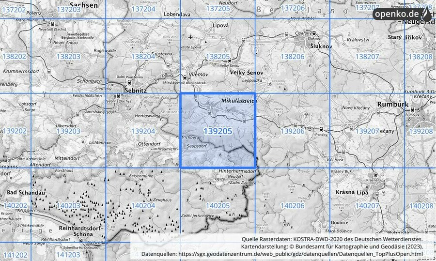 Übersichtskarte des KOSTRA-DWD-2020-Rasterfeldes Nr. 139205