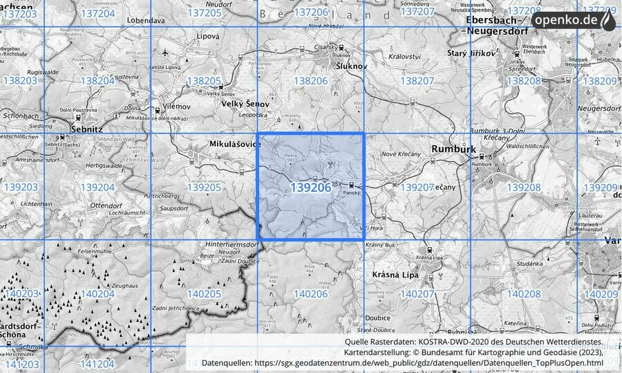 Übersichtskarte des KOSTRA-DWD-2020-Rasterfeldes Nr. 139206