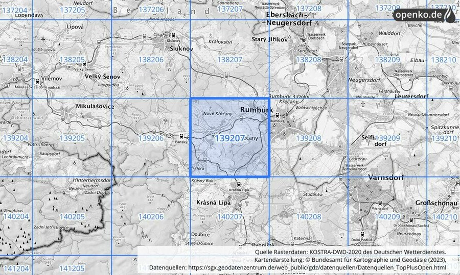 Übersichtskarte des KOSTRA-DWD-2020-Rasterfeldes Nr. 139207