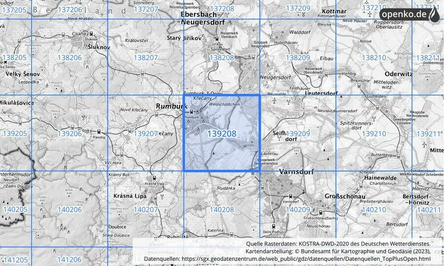 Übersichtskarte des KOSTRA-DWD-2020-Rasterfeldes Nr. 139208