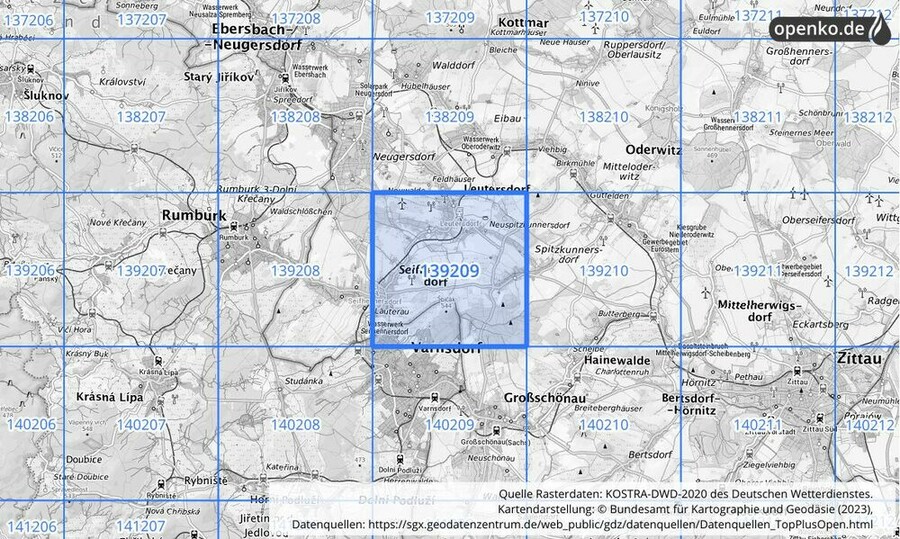 Übersichtskarte des KOSTRA-DWD-2020-Rasterfeldes Nr. 139209