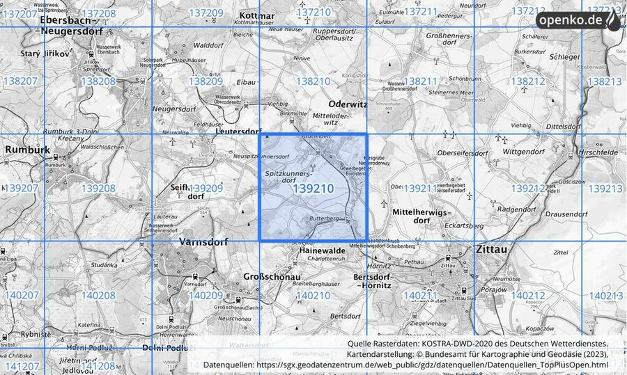 Übersichtskarte des KOSTRA-DWD-2020-Rasterfeldes Nr. 139210