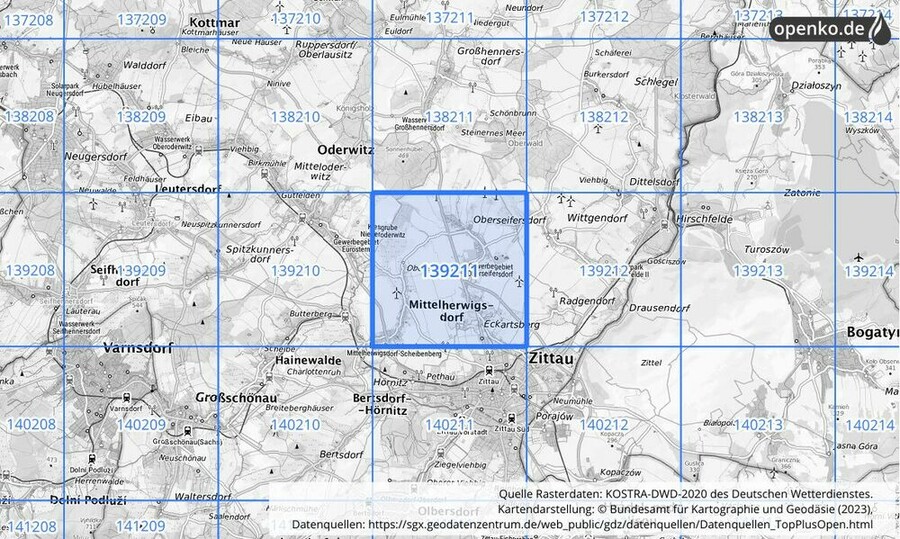 Übersichtskarte des KOSTRA-DWD-2020-Rasterfeldes Nr. 139211