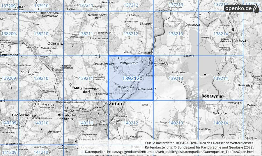 Übersichtskarte des KOSTRA-DWD-2020-Rasterfeldes Nr. 139212