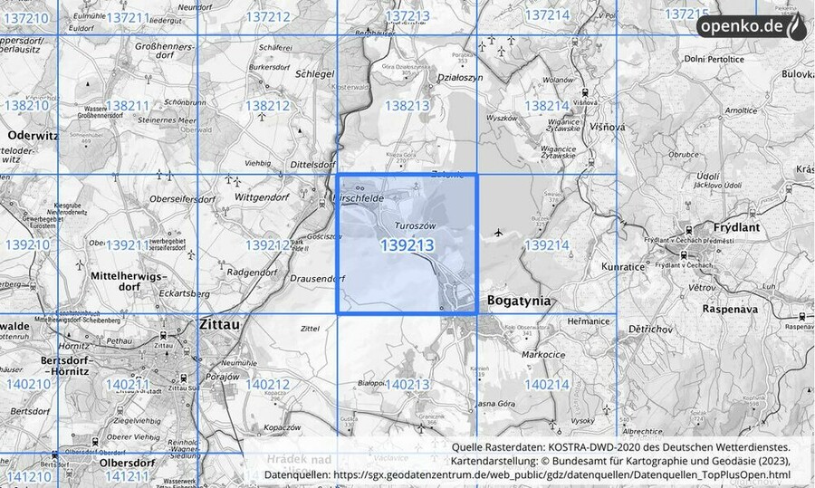 Übersichtskarte des KOSTRA-DWD-2020-Rasterfeldes Nr. 139213