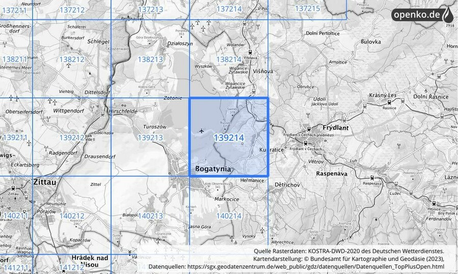 Übersichtskarte des KOSTRA-DWD-2020-Rasterfeldes Nr. 139214