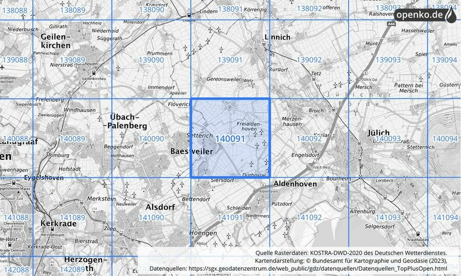 Übersichtskarte des KOSTRA-DWD-2020-Rasterfeldes Nr. 140091