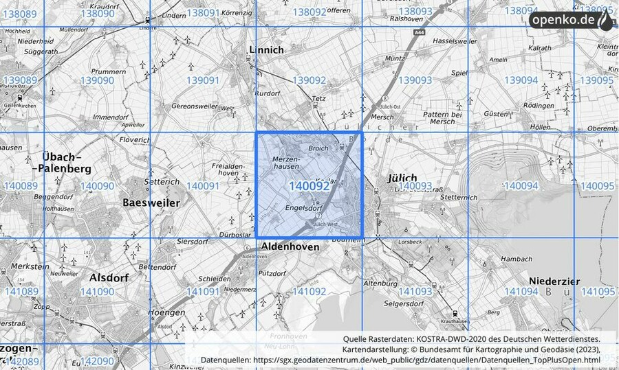 Übersichtskarte des KOSTRA-DWD-2020-Rasterfeldes Nr. 140092