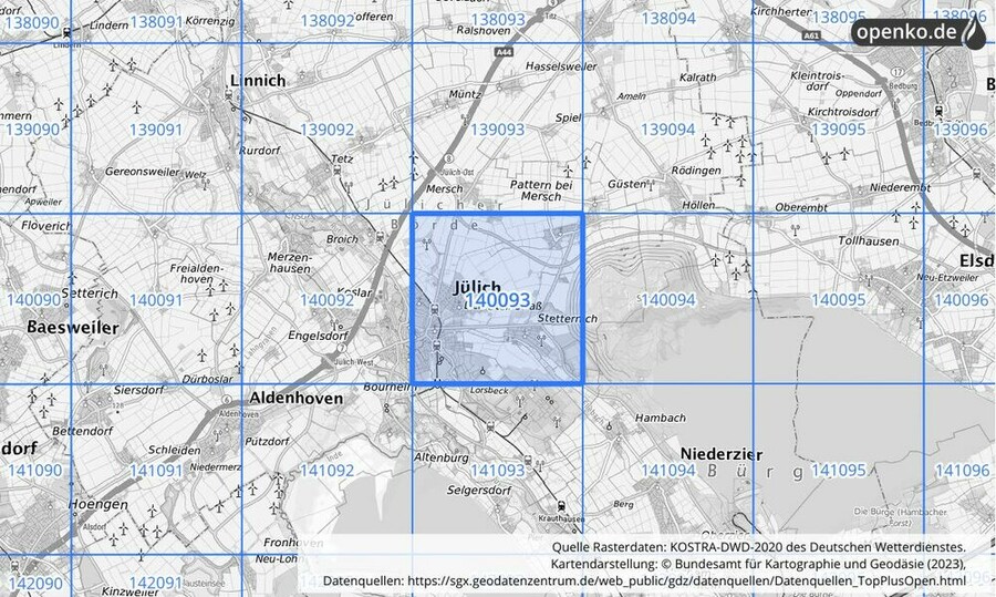 Übersichtskarte des KOSTRA-DWD-2020-Rasterfeldes Nr. 140093