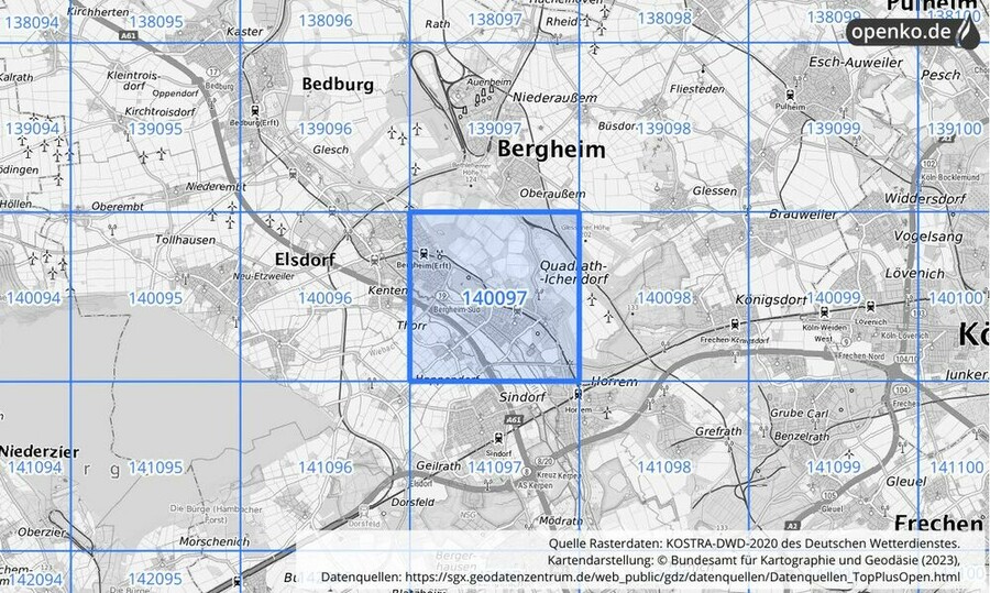 Übersichtskarte des KOSTRA-DWD-2020-Rasterfeldes Nr. 140097