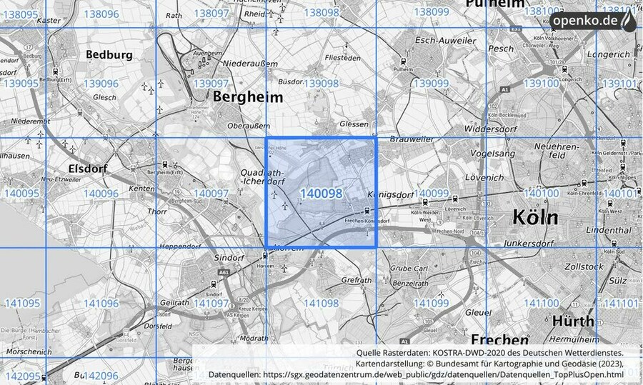 Übersichtskarte des KOSTRA-DWD-2020-Rasterfeldes Nr. 140098