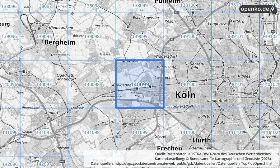 Übersichtskarte des KOSTRA-DWD-2020-Rasterfeldes Nr. 140099