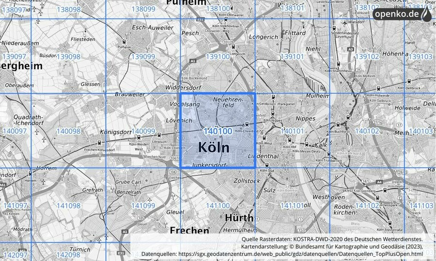 Übersichtskarte des KOSTRA-DWD-2020-Rasterfeldes Nr. 140100