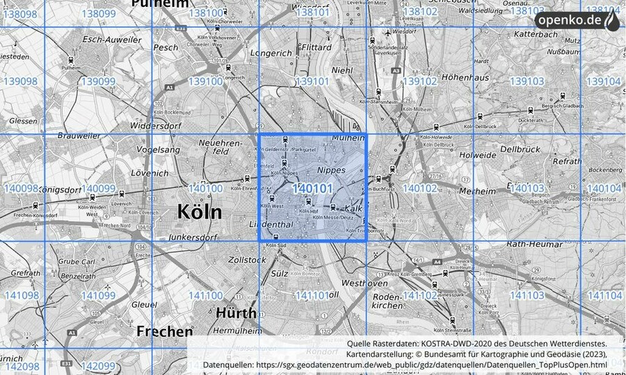 Übersichtskarte des KOSTRA-DWD-2020-Rasterfeldes Nr. 140101