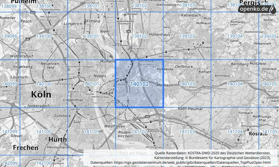 Übersichtskarte des KOSTRA-DWD-2020-Rasterfeldes Nr. 140102