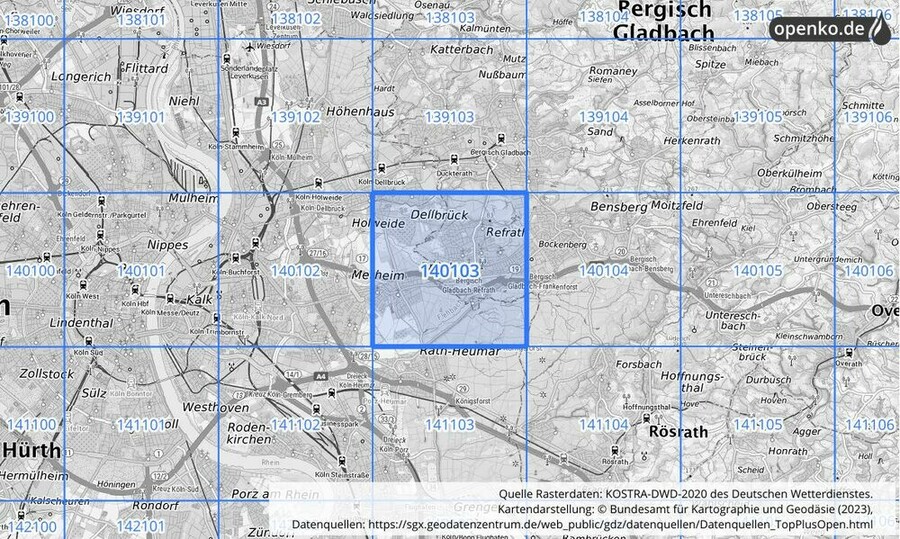 Übersichtskarte des KOSTRA-DWD-2020-Rasterfeldes Nr. 140103