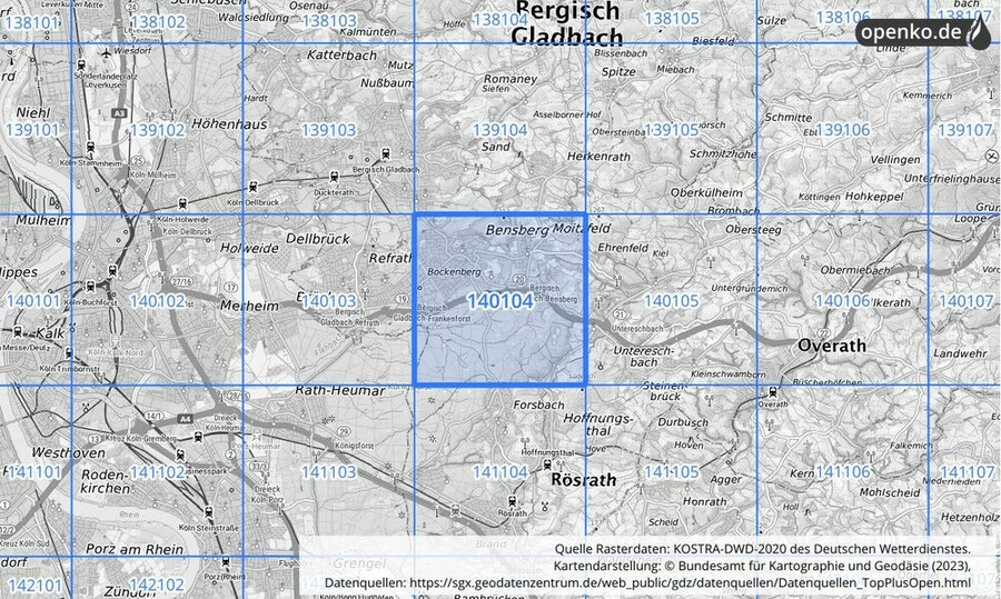 Übersichtskarte des KOSTRA-DWD-2020-Rasterfeldes Nr. 140104