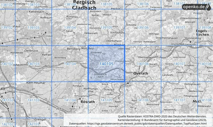 Übersichtskarte des KOSTRA-DWD-2020-Rasterfeldes Nr. 140105