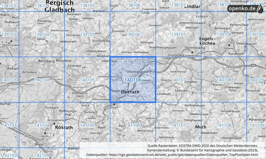 Übersichtskarte des KOSTRA-DWD-2020-Rasterfeldes Nr. 140106