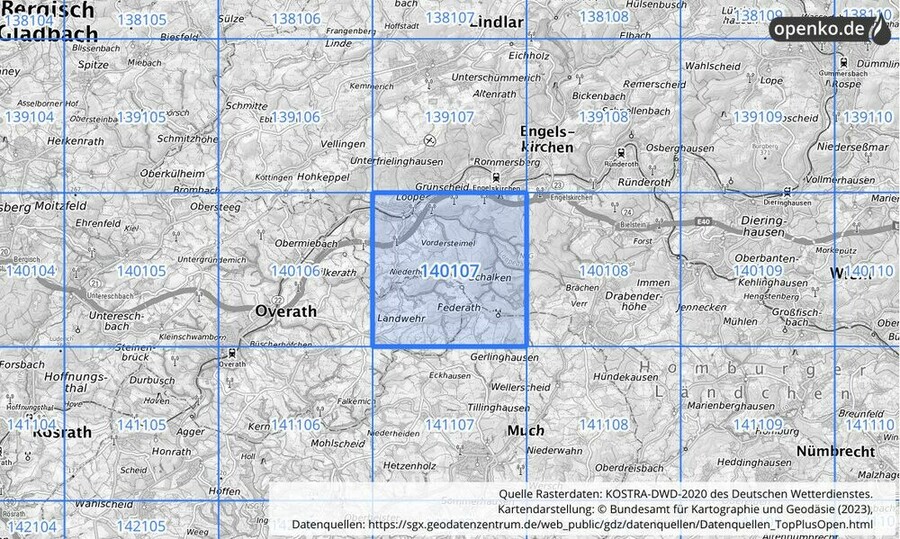 Übersichtskarte des KOSTRA-DWD-2020-Rasterfeldes Nr. 140107