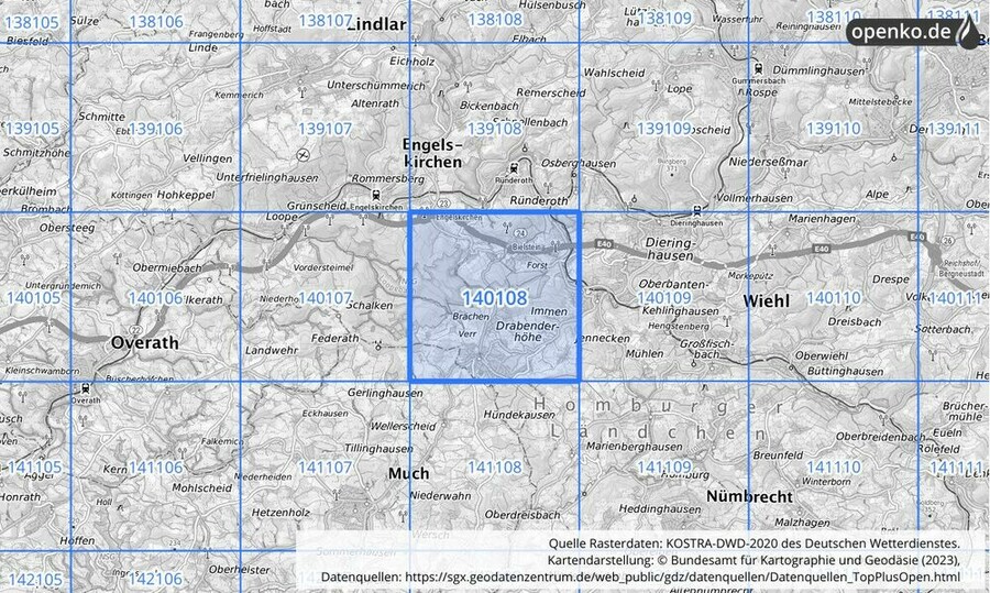 Übersichtskarte des KOSTRA-DWD-2020-Rasterfeldes Nr. 140108