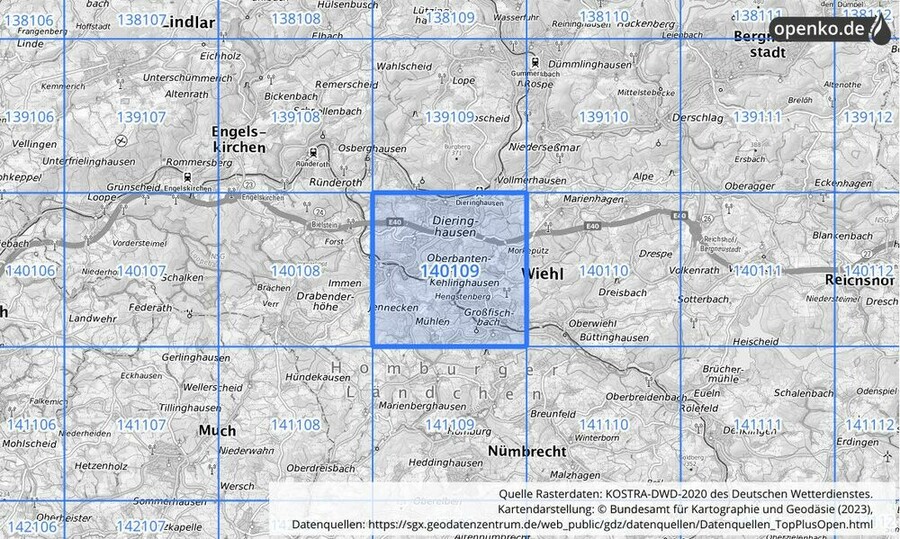 Übersichtskarte des KOSTRA-DWD-2020-Rasterfeldes Nr. 140109