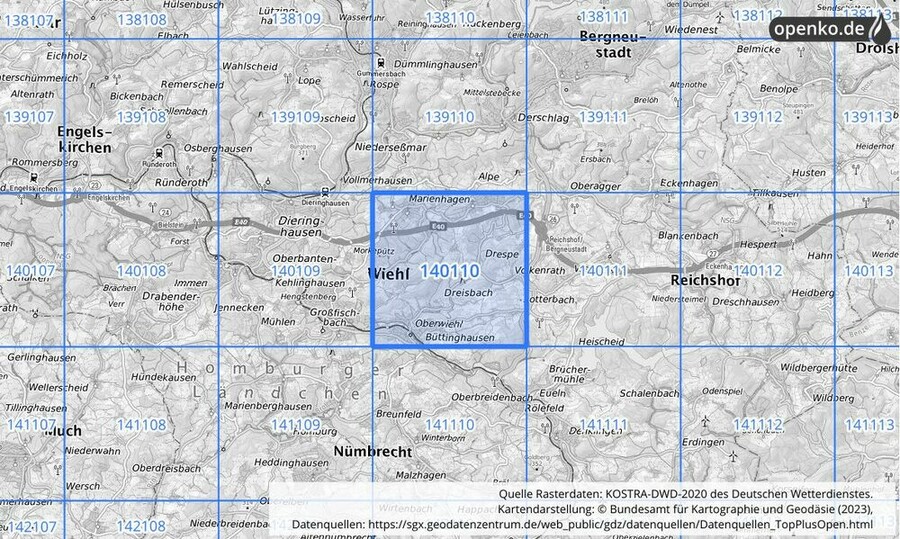 Übersichtskarte des KOSTRA-DWD-2020-Rasterfeldes Nr. 140110