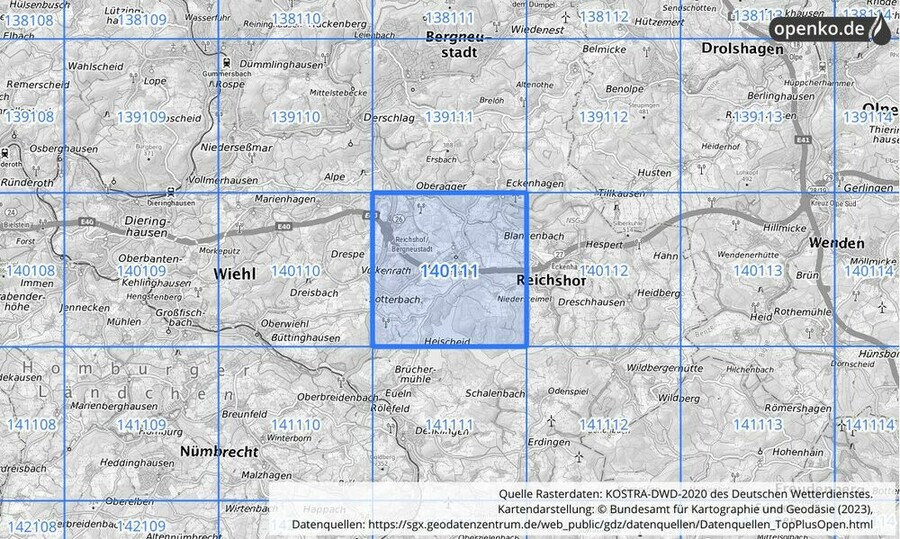 Übersichtskarte des KOSTRA-DWD-2020-Rasterfeldes Nr. 140111