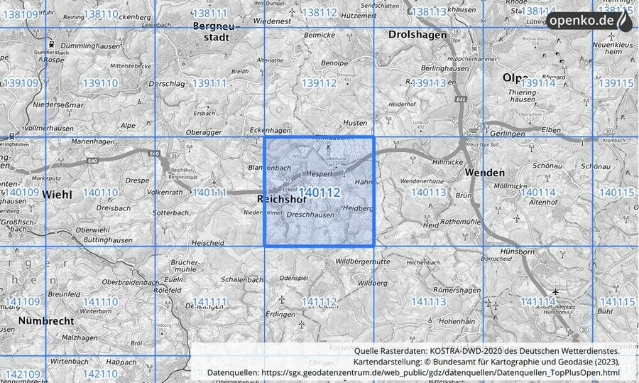 Übersichtskarte des KOSTRA-DWD-2020-Rasterfeldes Nr. 140112