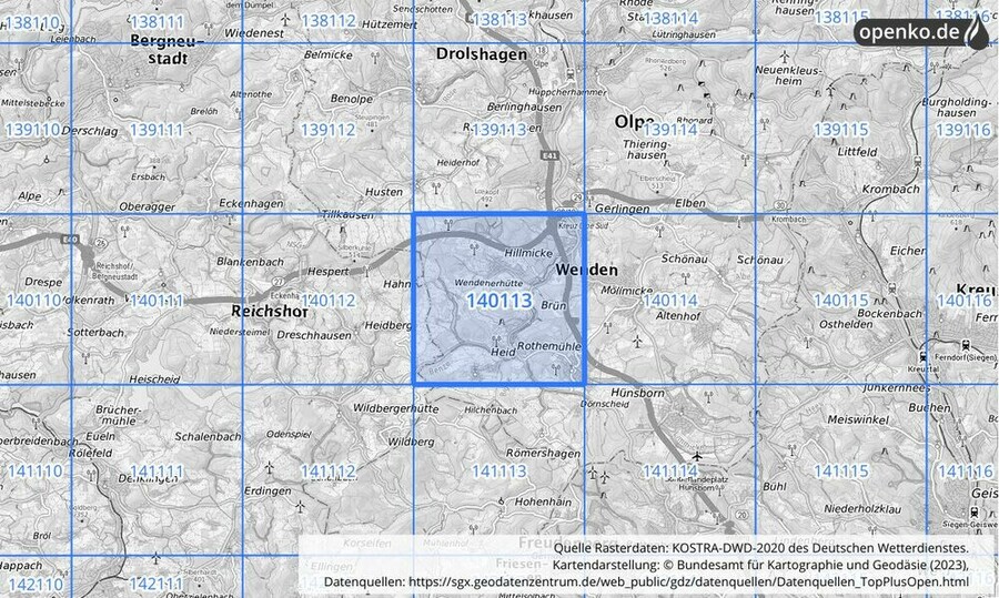 Übersichtskarte des KOSTRA-DWD-2020-Rasterfeldes Nr. 140113