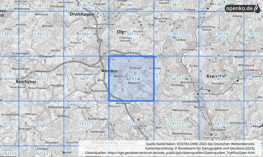 Übersichtskarte des KOSTRA-DWD-2020-Rasterfeldes Nr. 140114