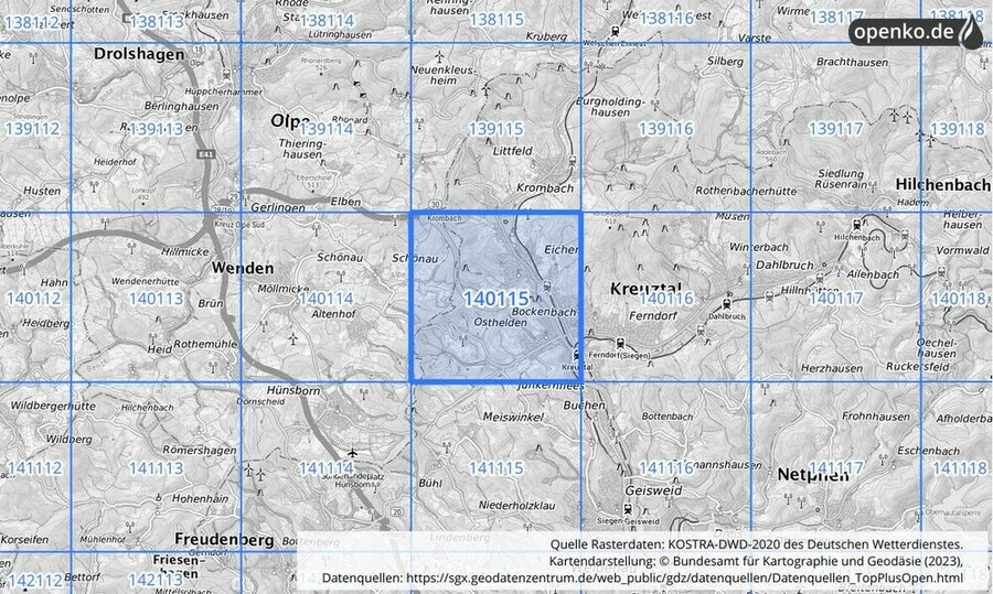 Übersichtskarte des KOSTRA-DWD-2020-Rasterfeldes Nr. 140115