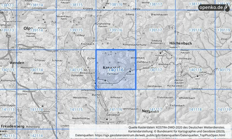 Übersichtskarte des KOSTRA-DWD-2020-Rasterfeldes Nr. 140116