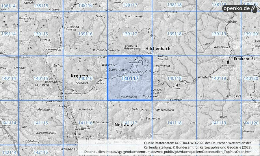 Übersichtskarte des KOSTRA-DWD-2020-Rasterfeldes Nr. 140117