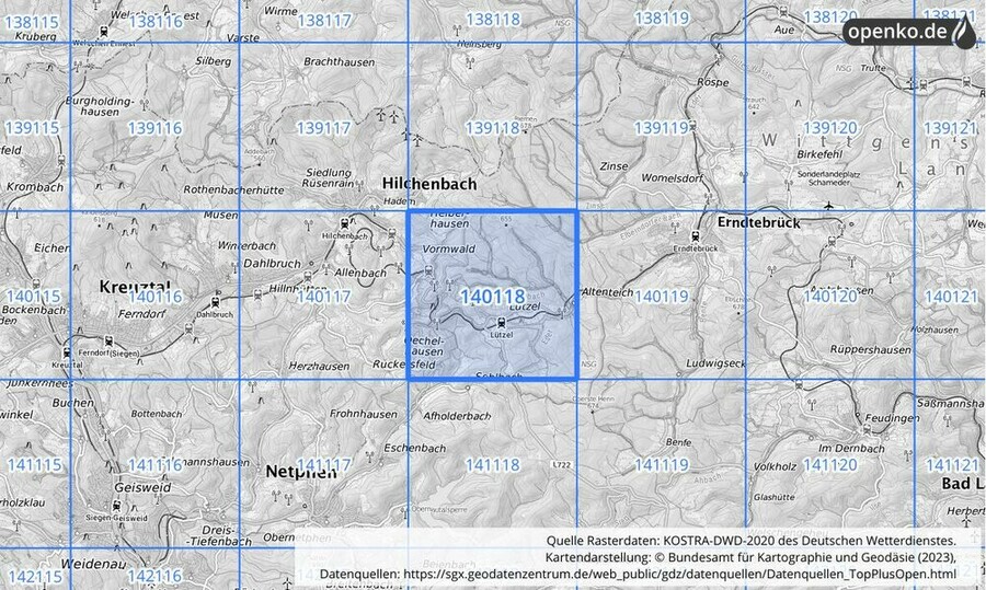 Übersichtskarte des KOSTRA-DWD-2020-Rasterfeldes Nr. 140118