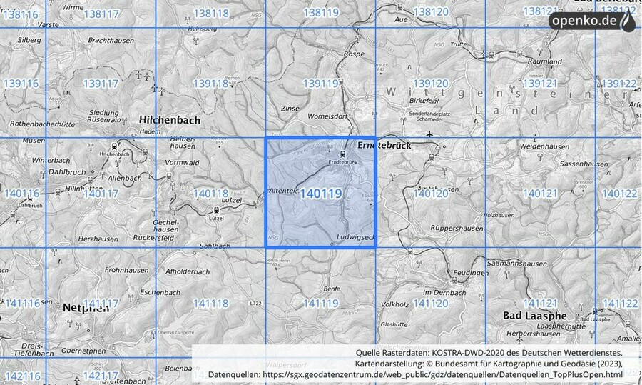 Übersichtskarte des KOSTRA-DWD-2020-Rasterfeldes Nr. 140119