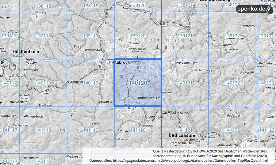 Übersichtskarte des KOSTRA-DWD-2020-Rasterfeldes Nr. 140120