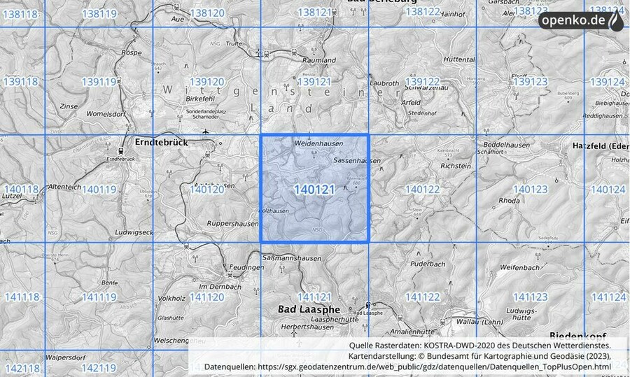 Übersichtskarte des KOSTRA-DWD-2020-Rasterfeldes Nr. 140121