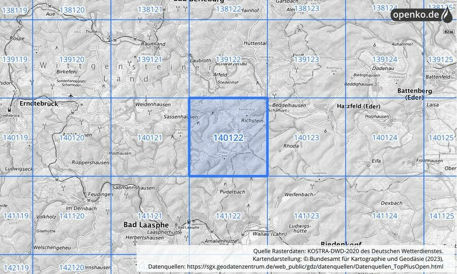 Übersichtskarte des KOSTRA-DWD-2020-Rasterfeldes Nr. 140122