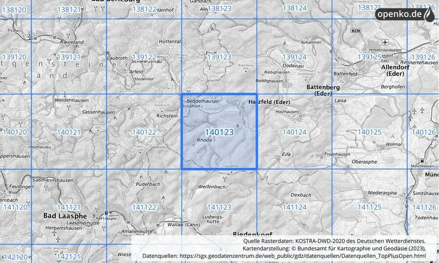 Übersichtskarte des KOSTRA-DWD-2020-Rasterfeldes Nr. 140123