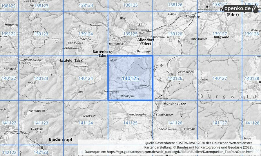 Übersichtskarte des KOSTRA-DWD-2020-Rasterfeldes Nr. 140125