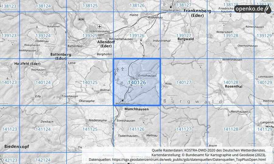 Übersichtskarte des KOSTRA-DWD-2020-Rasterfeldes Nr. 140126