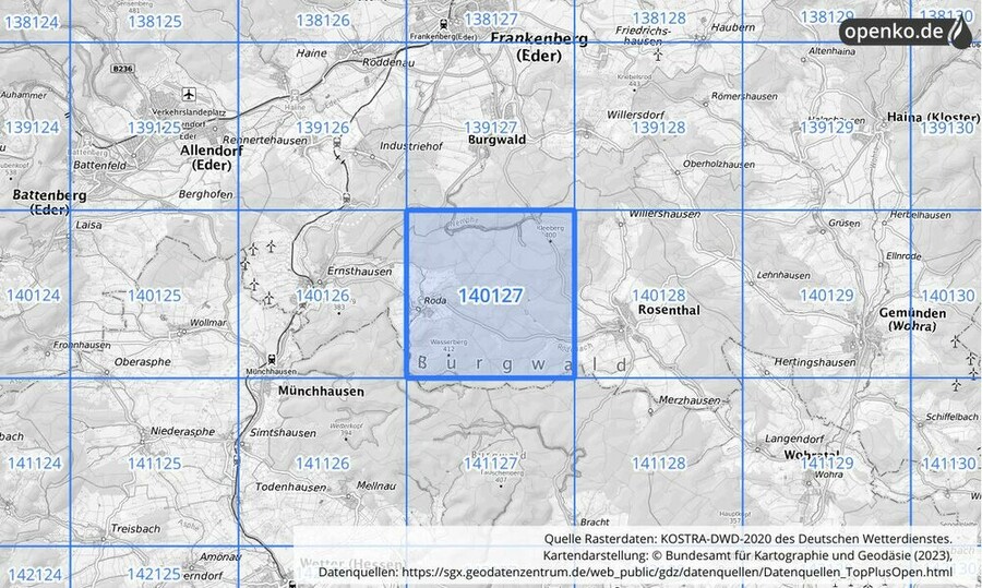 Übersichtskarte des KOSTRA-DWD-2020-Rasterfeldes Nr. 140127