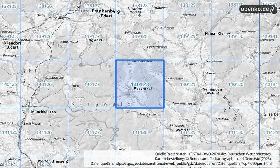 Übersichtskarte des KOSTRA-DWD-2020-Rasterfeldes Nr. 140128