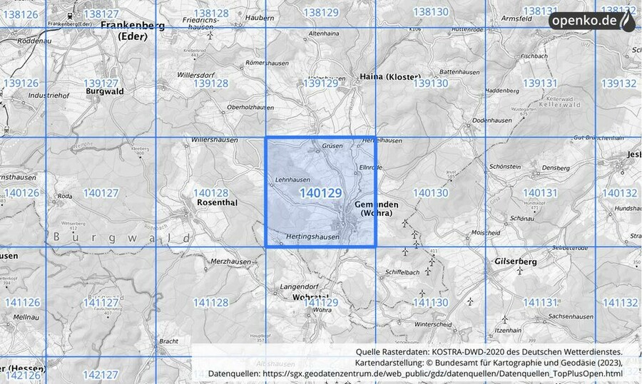 Übersichtskarte des KOSTRA-DWD-2020-Rasterfeldes Nr. 140129