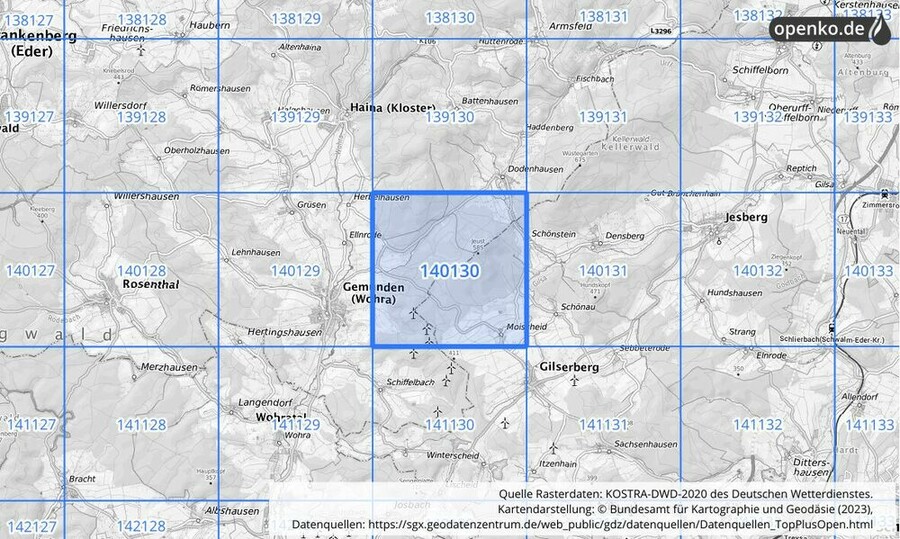 Übersichtskarte des KOSTRA-DWD-2020-Rasterfeldes Nr. 140130